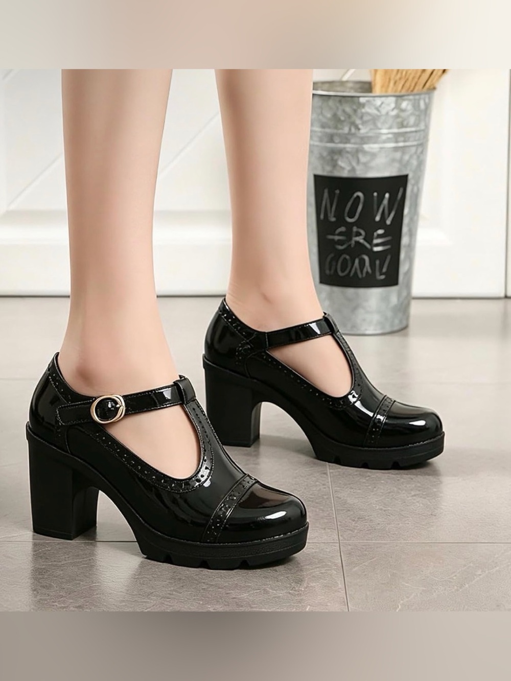 Black Patent Block Heel Shoes - Picture 3 of 4